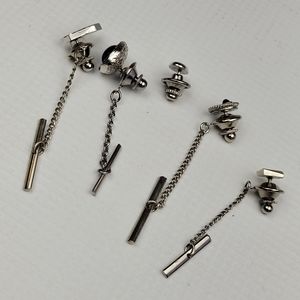 Tie Tack Lapen Pin Tie Clip with chain 4(pieces) Brooch Silver Tone 1 (piece)